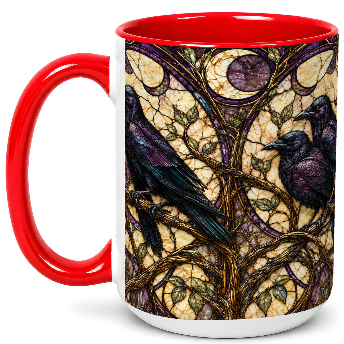 #pl[15oz|Red] Raven Moon Coffee Mug, Stained Glass Raven Mug, Ceramic Cup