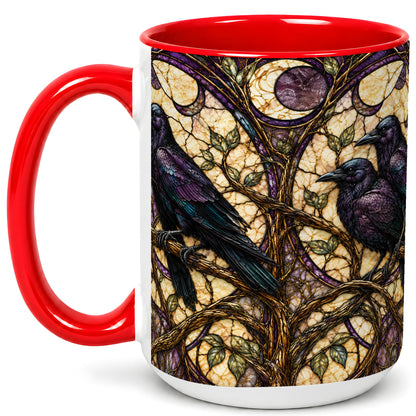 #pl[15oz|Red] Raven Moon Coffee Mug, Stained Glass Raven Mug, Ceramic Cup