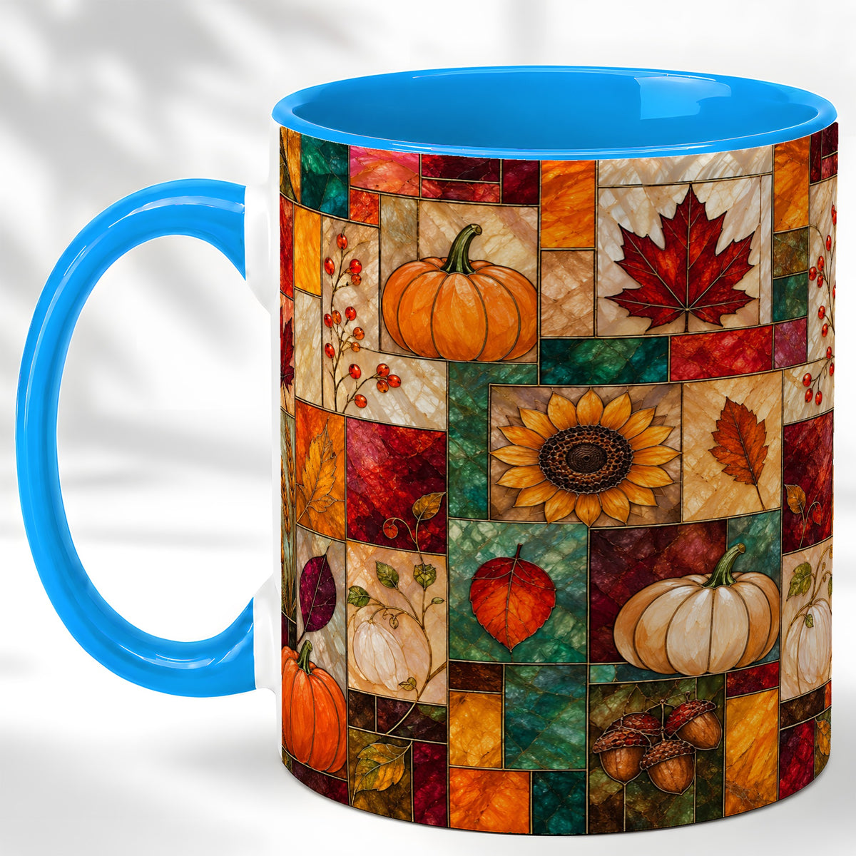 #pl[11oz|Blue] Autumn Harvest Coffee Mug, Pumpkin Leaf Mug, Ceramic Cup