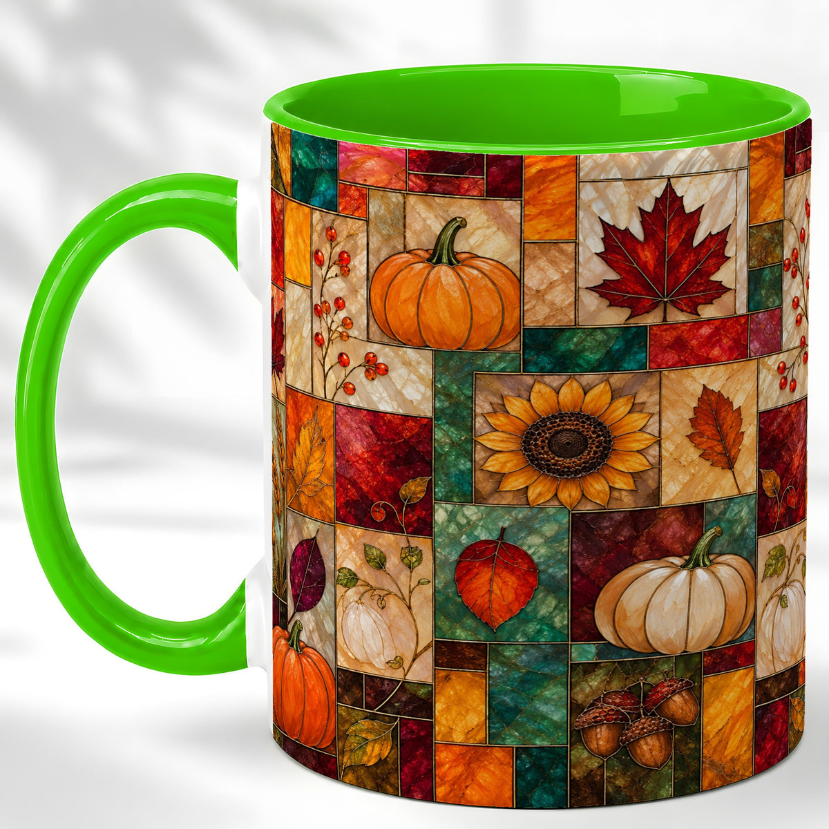 #pl[11oz|Green] Autumn Harvest Coffee Mug, Pumpkin Leaf Mug, Ceramic Cup