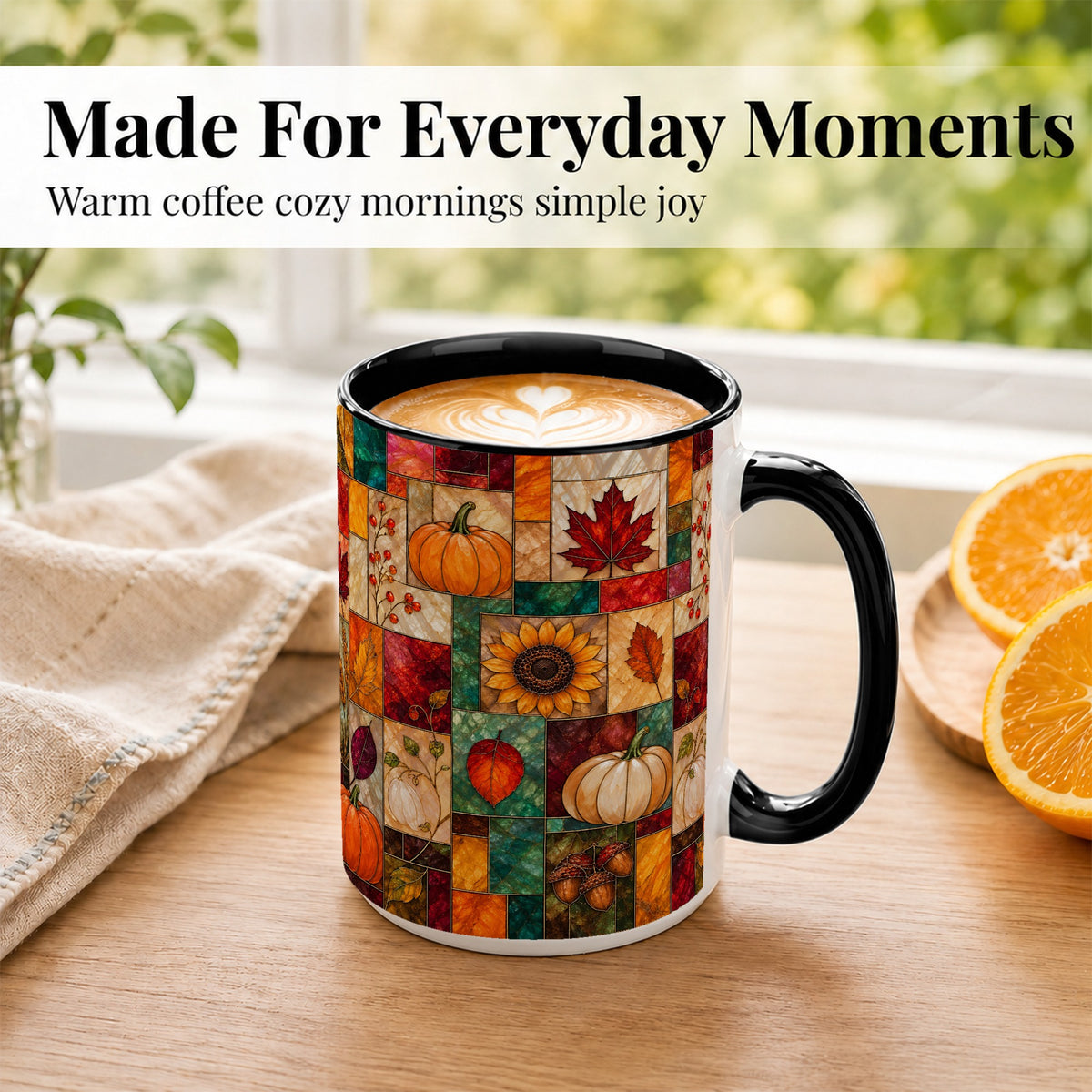 #pl[15oz|Black] Autumn Harvest Coffee Mug, Pumpkin Leaf Mug, Ceramic Cup