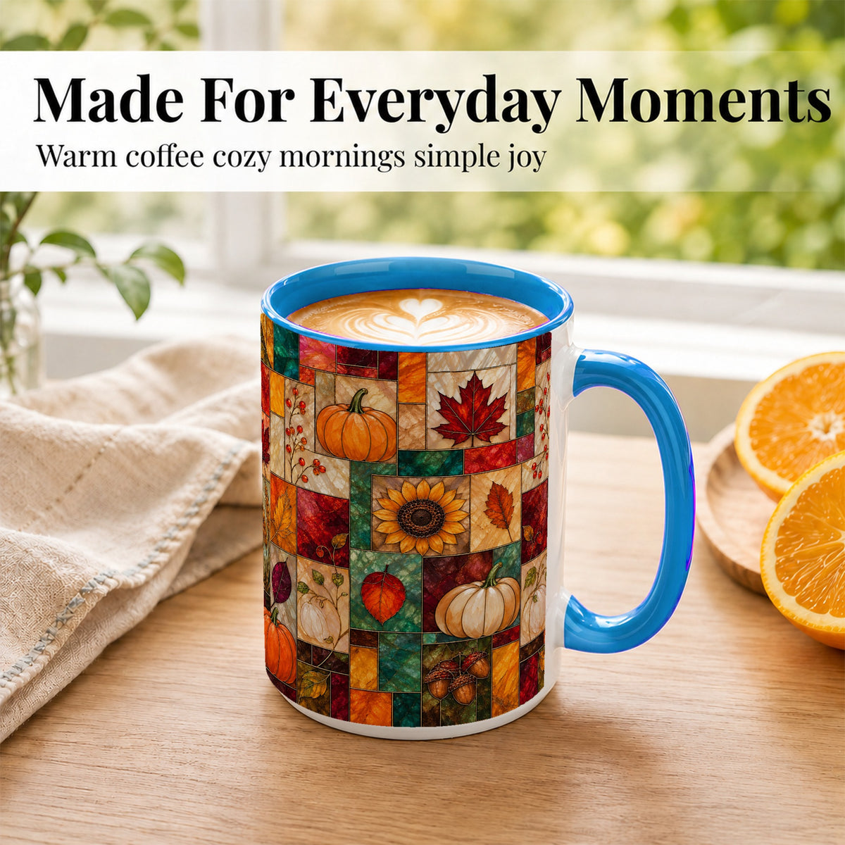 #pl[15oz|Blue] Autumn Harvest Coffee Mug, Pumpkin Leaf Mug, Ceramic Cup