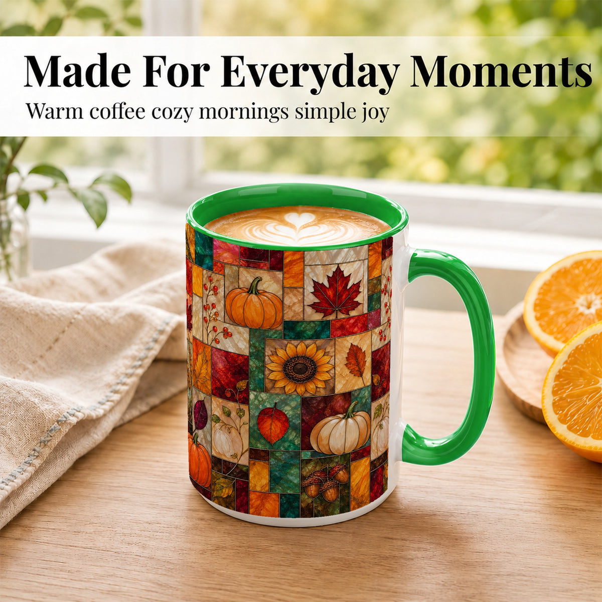 #pl[15oz|Green] Autumn Harvest Coffee Mug, Pumpkin Leaf Mug, Ceramic Cup
