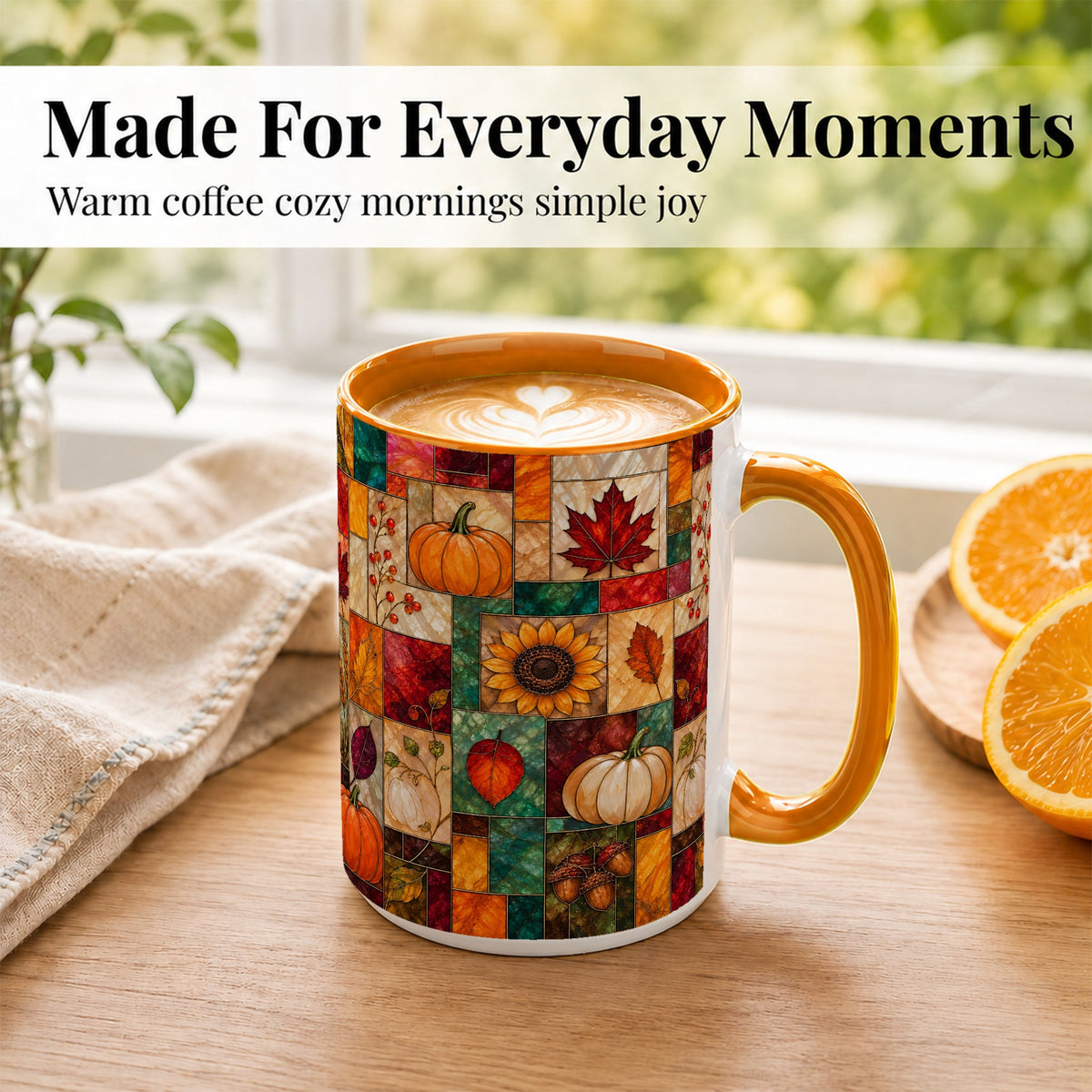 #pl[15oz|Orange] Autumn Harvest Coffee Mug, Pumpkin Leaf Mug, Ceramic Cup