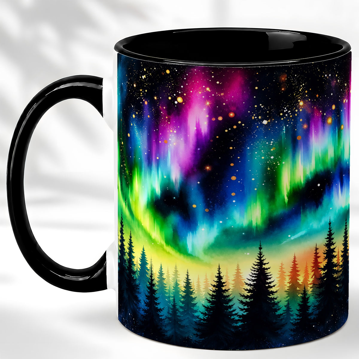 #pl[11oz|Black] Northern Lights Coffee Mug, Aurora Forest Mug, Ceramic Cup