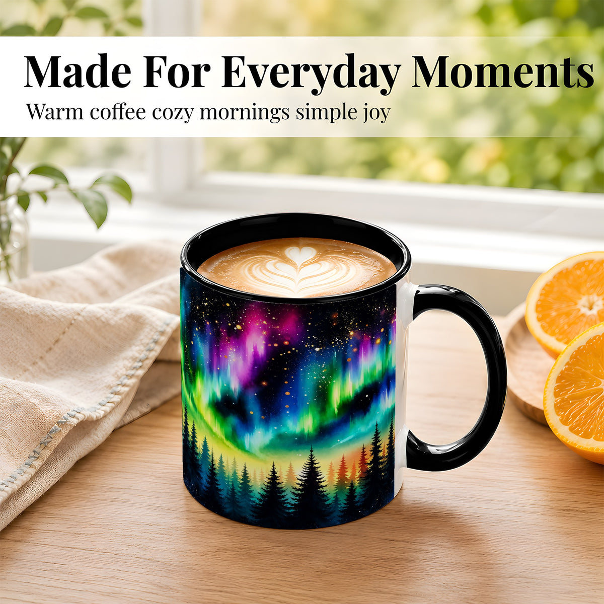 #pl[11oz|Black] Northern Lights Coffee Mug, Aurora Forest Mug, Ceramic Cup