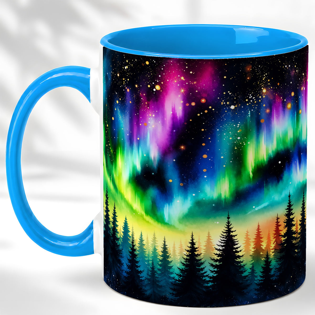 #pl[11oz|Blue] Northern Lights Coffee Mug, Aurora Forest Mug, Ceramic Cup