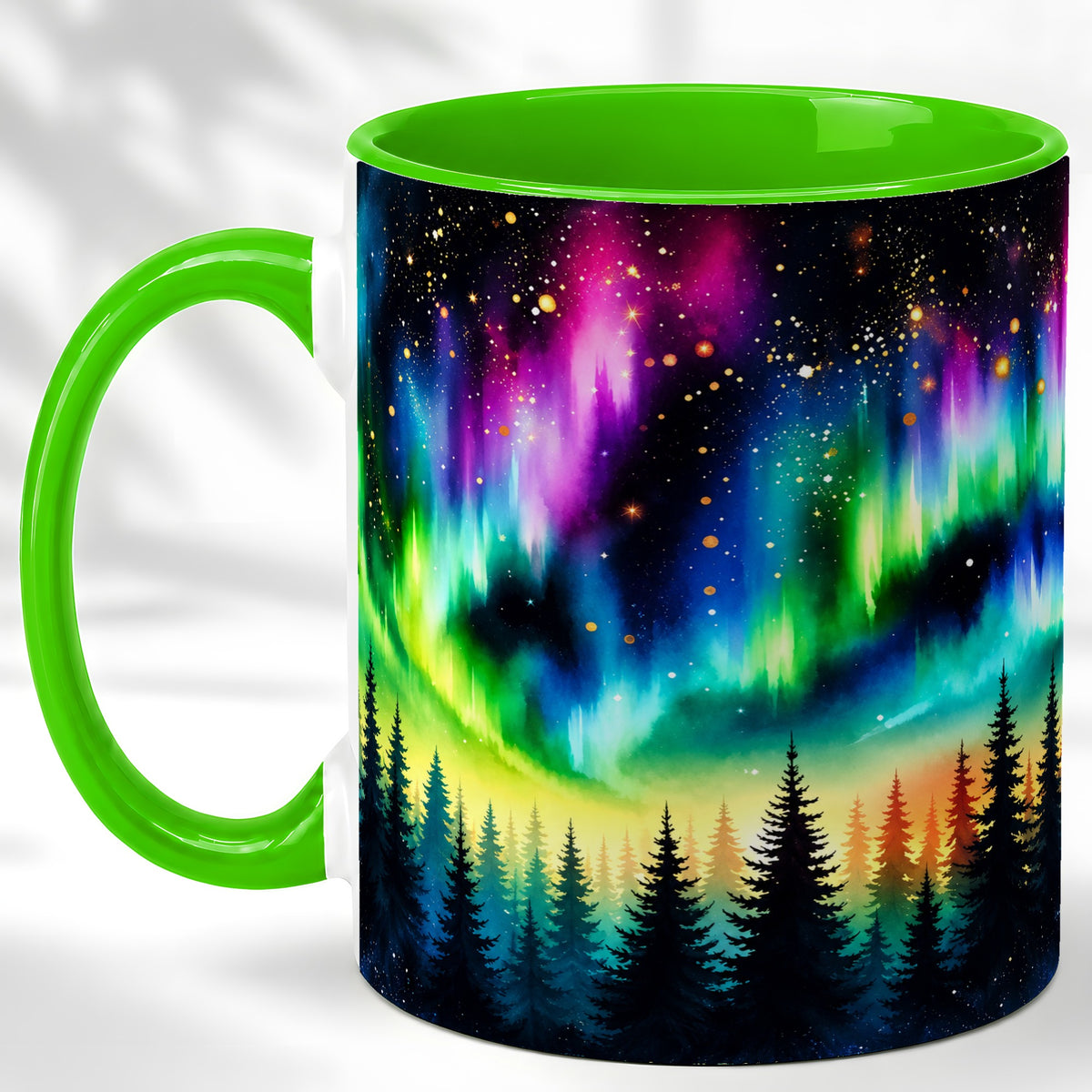#pl[11oz|Green] Northern Lights Coffee Mug, Aurora Forest Mug, Ceramic Cup