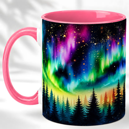 #pl[11oz|Pink] Northern Lights Coffee Mug, Aurora Forest Mug, Ceramic Cup