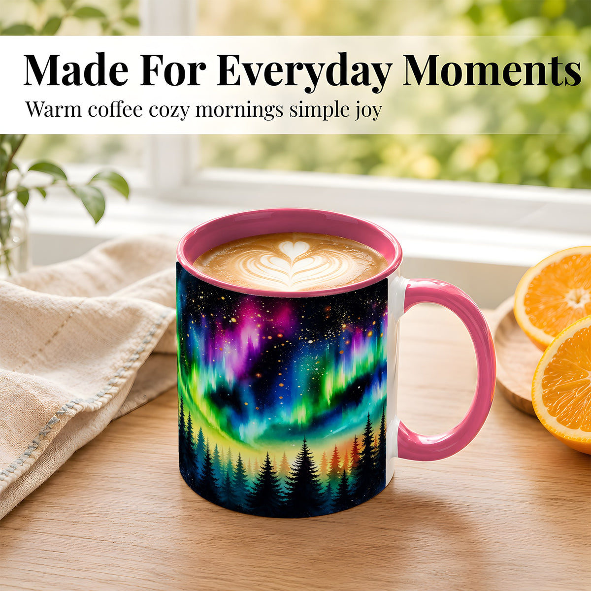 #pl[11oz|Pink] Northern Lights Coffee Mug, Aurora Forest Mug, Ceramic Cup