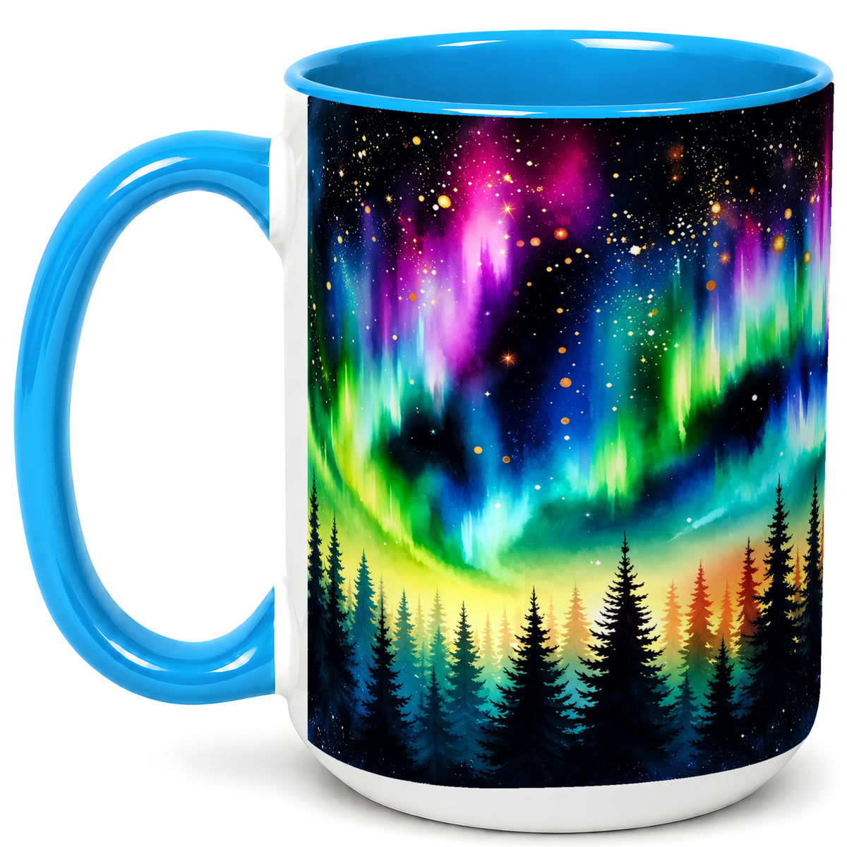 #pl[15oz|Blue] Northern Lights Coffee Mug, Aurora Forest Mug, Ceramic Cup