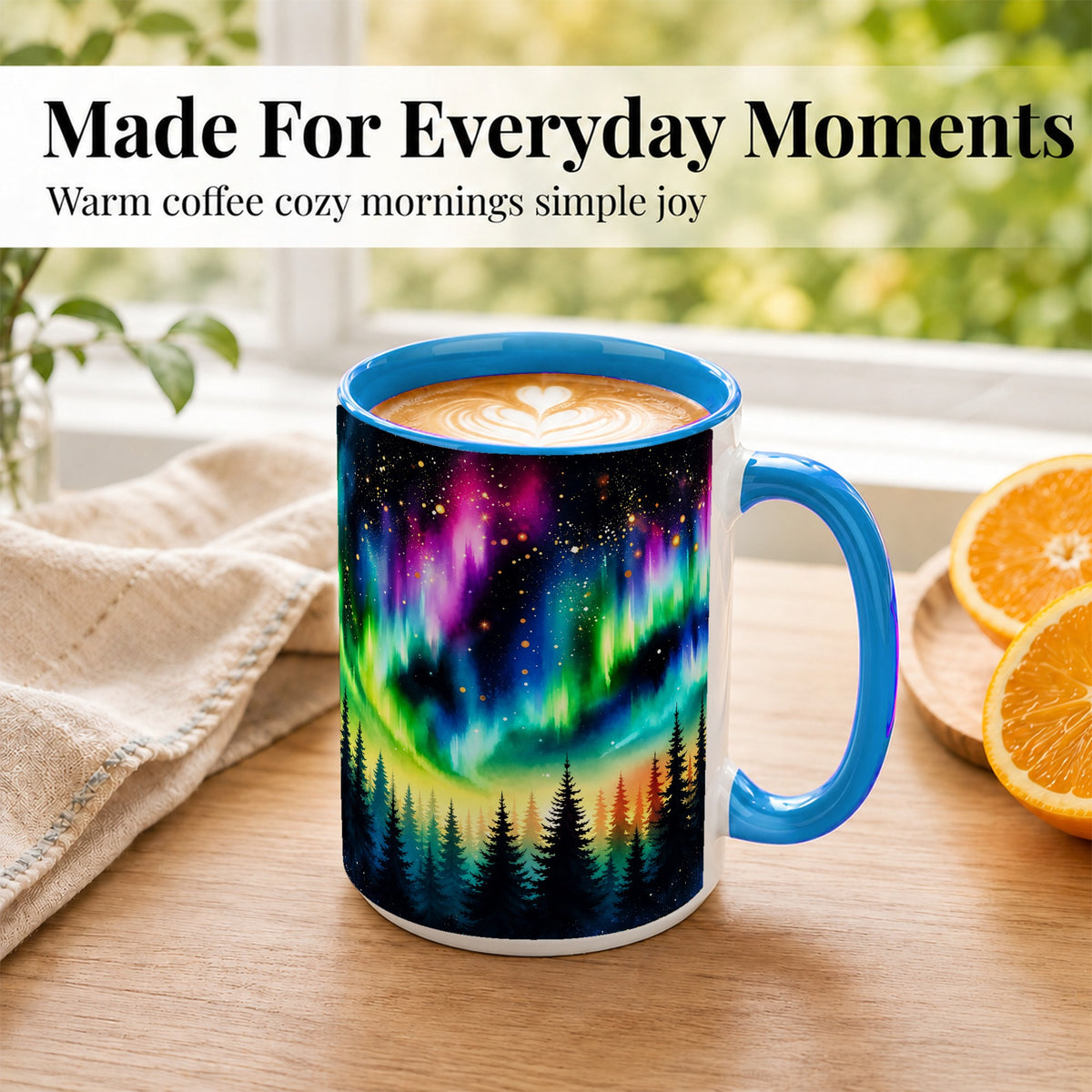 #pl[15oz|Blue] Northern Lights Coffee Mug, Aurora Forest Mug, Ceramic Cup