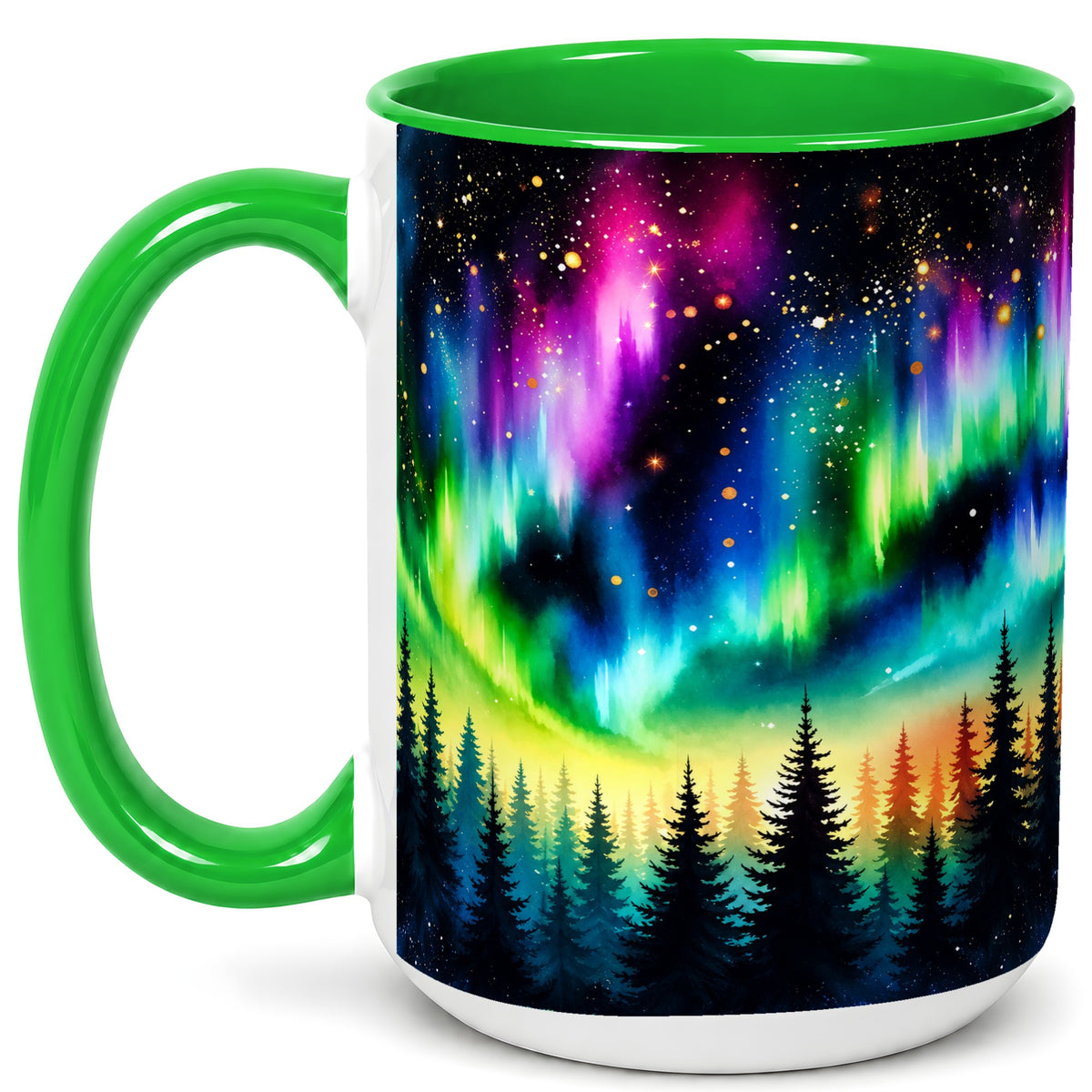 #pl[15oz|Green] Northern Lights Coffee Mug, Aurora Forest Mug, Ceramic Cup