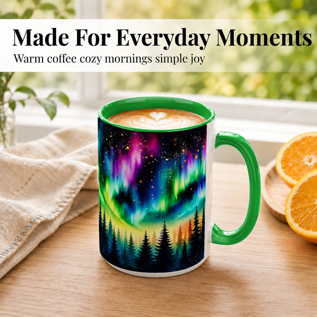 #pl[15oz|Green] Northern Lights Coffee Mug, Aurora Forest Mug, Ceramic Cup