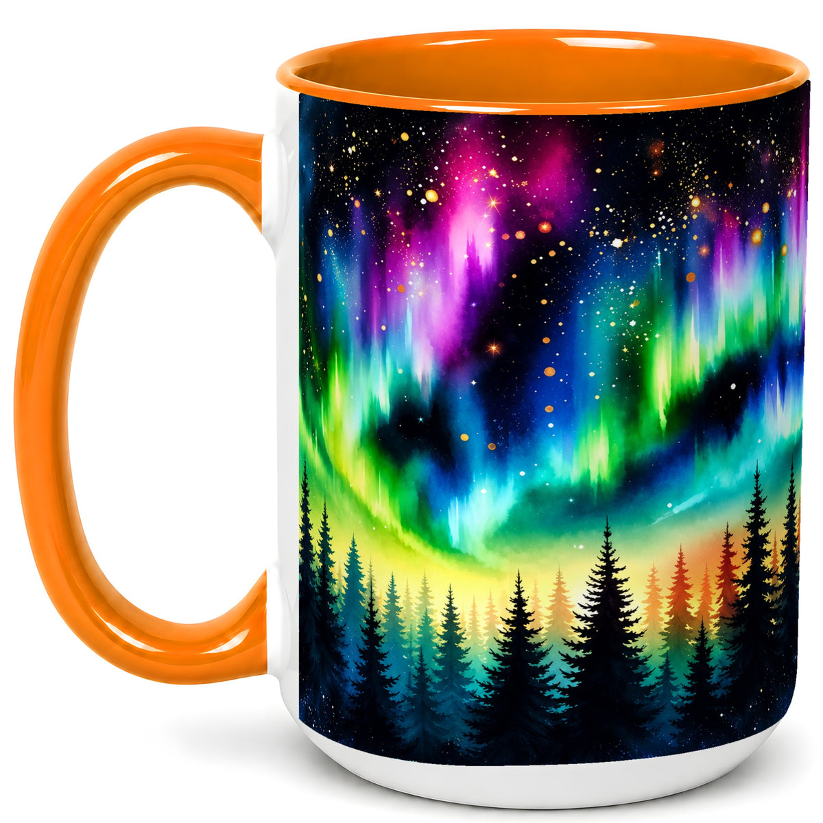 #pl[15oz|Orange] Northern Lights Coffee Mug, Aurora Forest Mug, Ceramic Cup