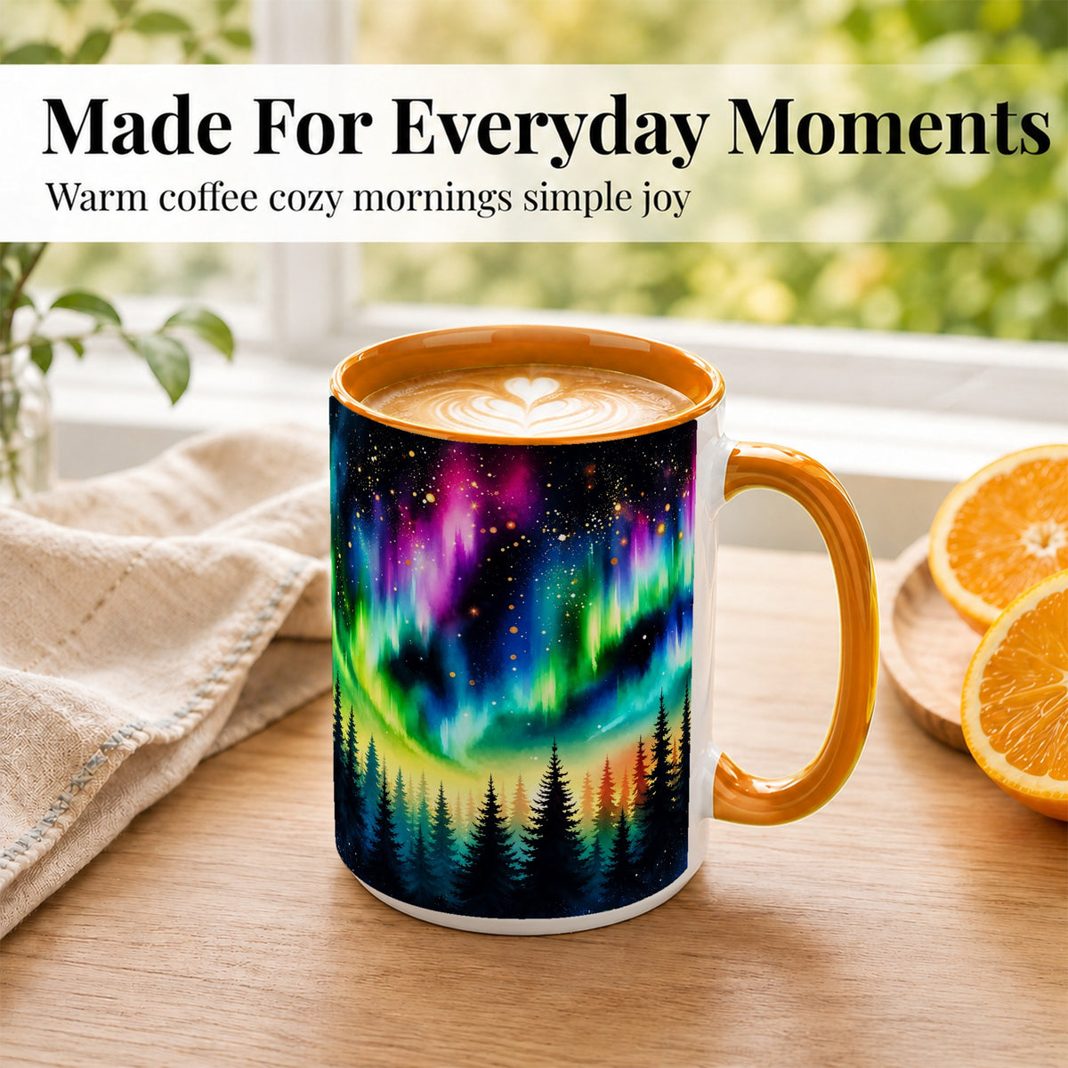 #pl[15oz|Orange] Northern Lights Coffee Mug, Aurora Forest Mug, Ceramic Cup