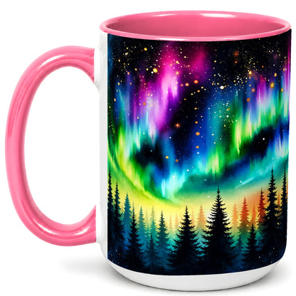 #pl[15oz|Pink] Northern Lights Coffee Mug, Aurora Forest Mug, Ceramic Cup