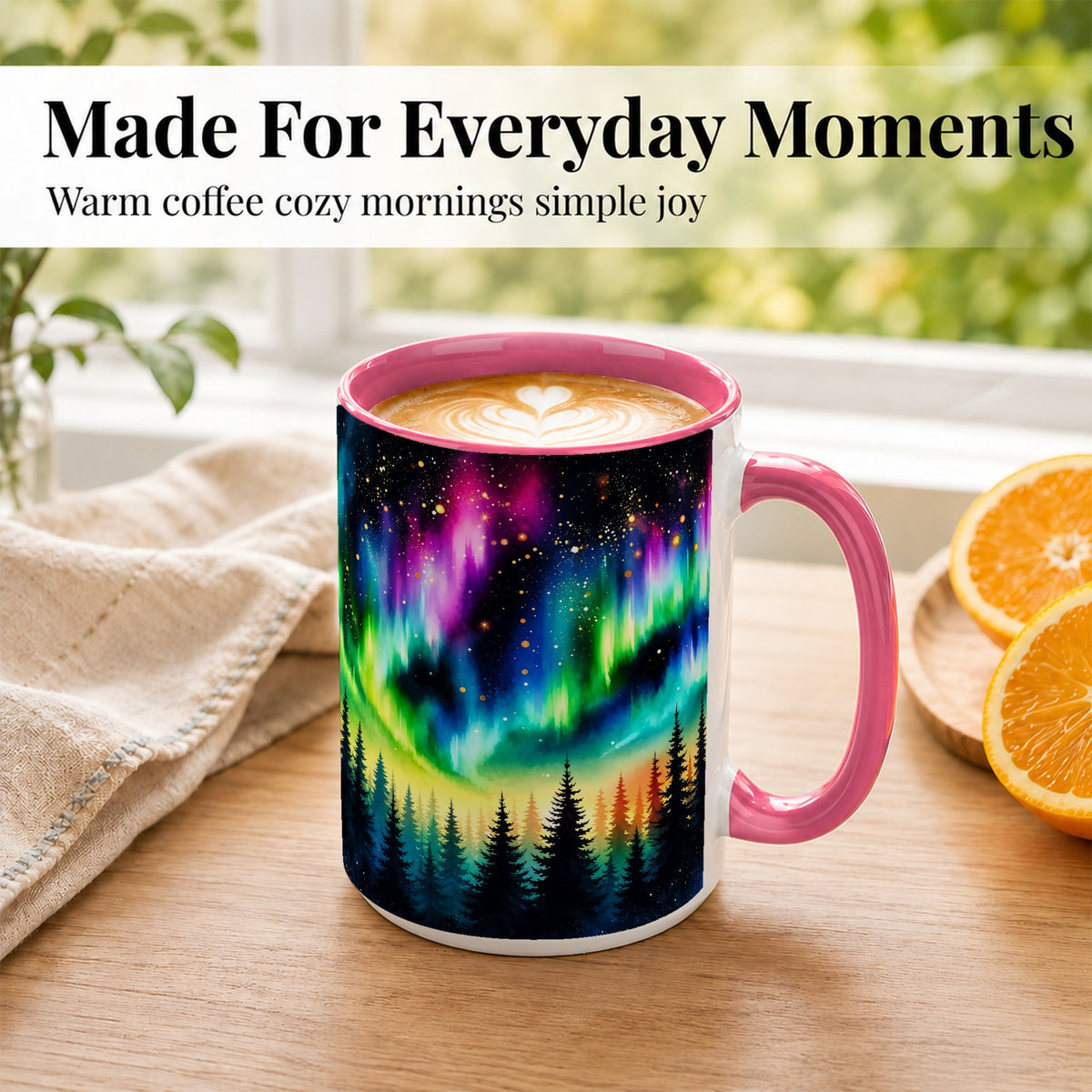 #pl[15oz|Pink] Northern Lights Coffee Mug, Aurora Forest Mug, Ceramic Cup