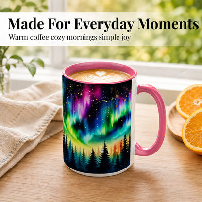 #pl[15oz|Pink] Northern Lights Coffee Mug, Aurora Forest Mug, Ceramic Cup