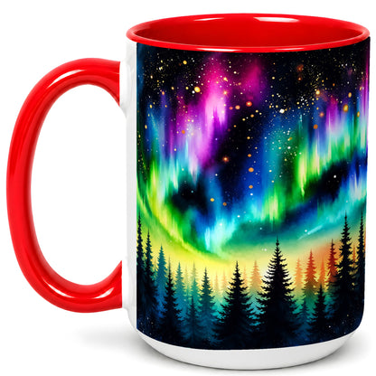 #pl[15oz|Red] Northern Lights Coffee Mug, Aurora Forest Mug, Ceramic Cup