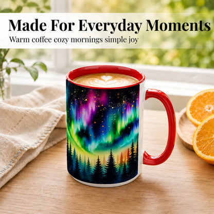 #pl[15oz|Red] Northern Lights Coffee Mug, Aurora Forest Mug, Ceramic Cup