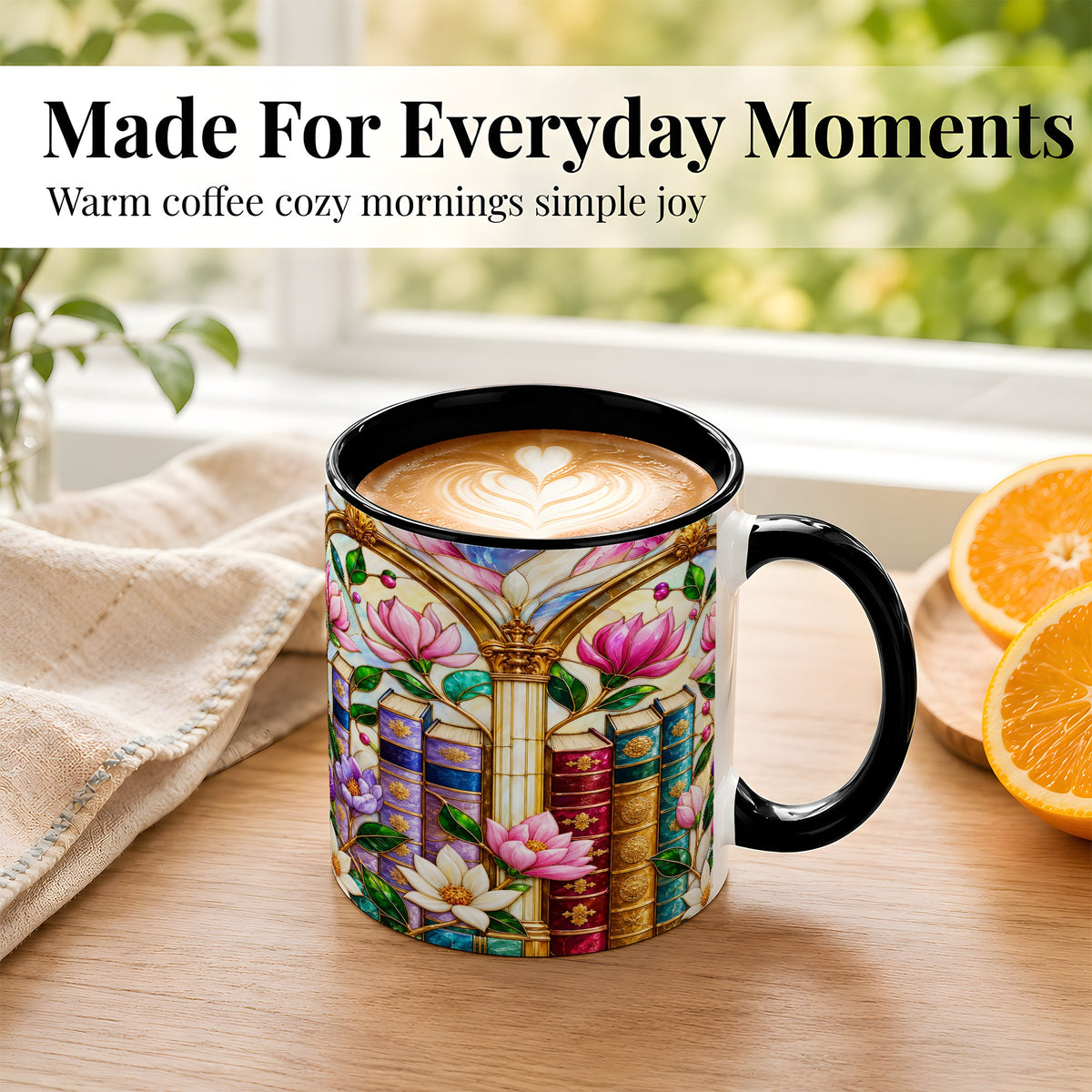 #pl[11oz|Black] Floral Library Coffee Mug, Stained Glass Book Mug, Ceramic Cup