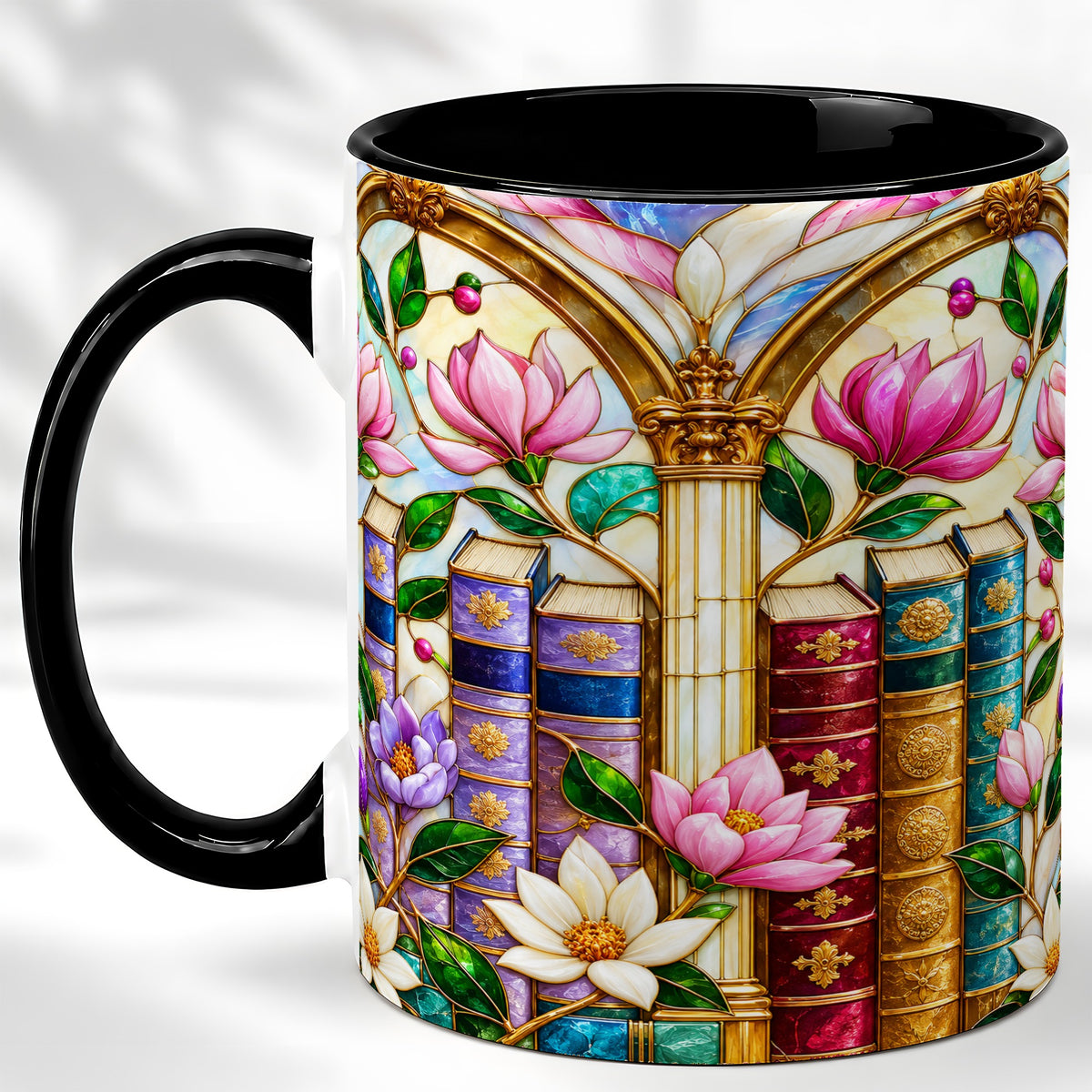 #pl[11oz|Black] Floral Library Coffee Mug, Stained Glass Book Mug, Ceramic Cup