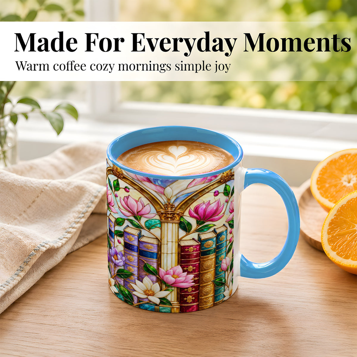 #pl[11oz|Blue] Floral Library Coffee Mug, Stained Glass Book Mug, Ceramic Cup