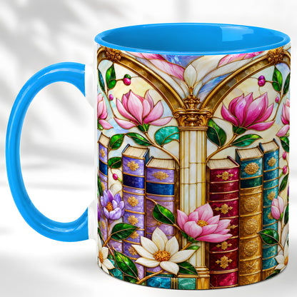 #pl[11oz|Blue] Floral Library Coffee Mug, Stained Glass Book Mug, Ceramic Cup