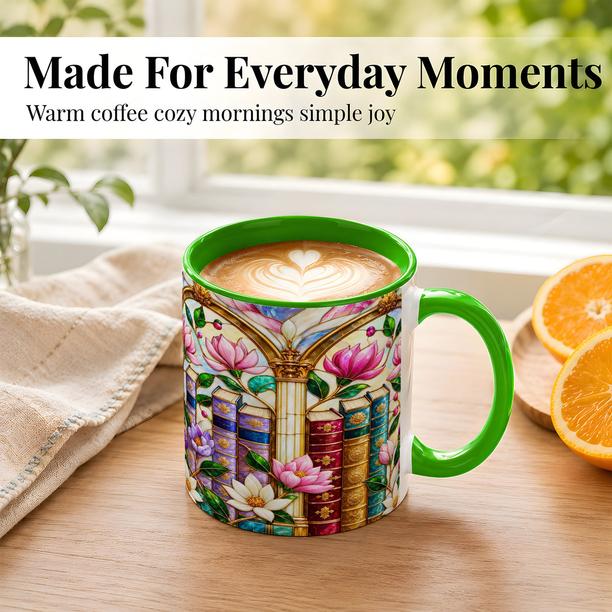 #pl[11oz|Green] Floral Library Coffee Mug, Stained Glass Book Mug, Ceramic Cup