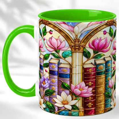 #pl[11oz|Green] Floral Library Coffee Mug, Stained Glass Book Mug, Ceramic Cup