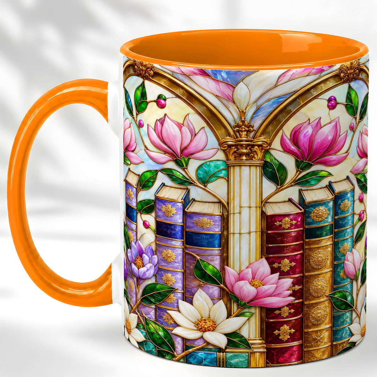#pl[11oz|Orange] Floral Library Coffee Mug, Stained Glass Book Mug, Ceramic Cup