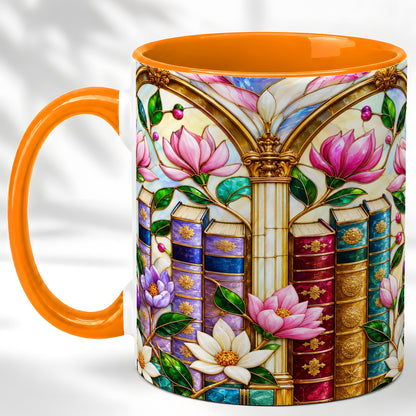 #pl[11oz|Orange] Floral Library Coffee Mug, Stained Glass Book Mug, Ceramic Cup