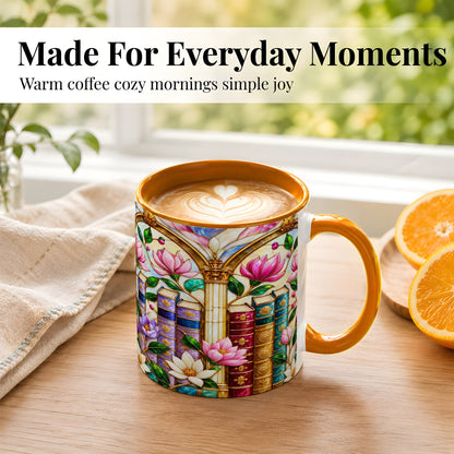 #pl[11oz|Orange] Floral Library Coffee Mug, Stained Glass Book Mug, Ceramic Cup