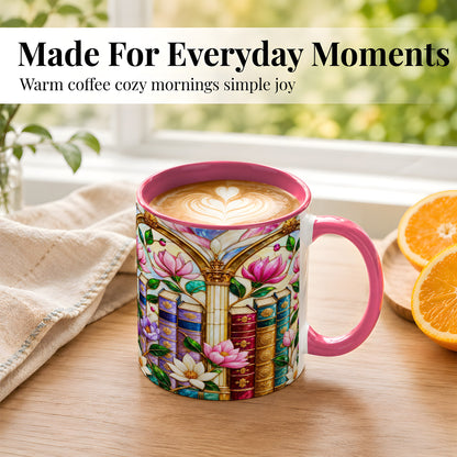 #pl[11oz|Pink] Floral Library Coffee Mug, Stained Glass Book Mug, Ceramic Cup