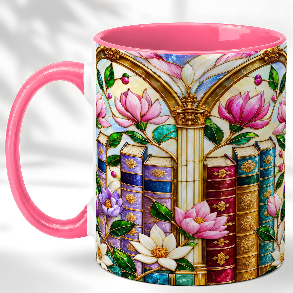 #pl[11oz|Pink] Floral Library Coffee Mug, Stained Glass Book Mug, Ceramic Cup