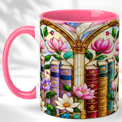 #pl[11oz|Pink] Floral Library Coffee Mug, Stained Glass Book Mug, Ceramic Cup