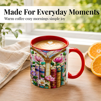 #pl[11oz|Red] Floral Library Coffee Mug, Stained Glass Book Mug, Ceramic Cup