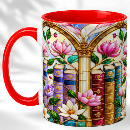 Floral Library Coffee Mug, Stained Glass Book Mug, Ceramic Cup