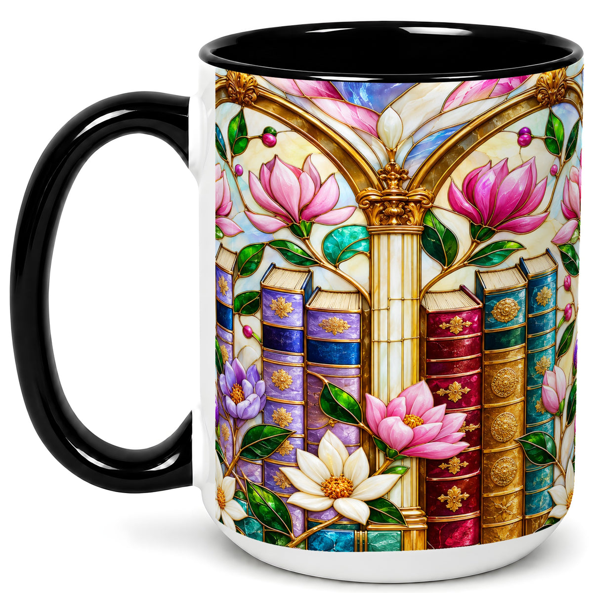 #pl[15oz|Black] Floral Library Coffee Mug, Stained Glass Book Mug, Ceramic Cup