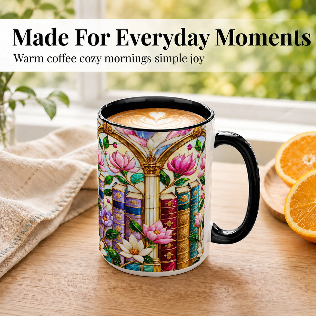 #pl[15oz|Black] Floral Library Coffee Mug, Stained Glass Book Mug, Ceramic Cup