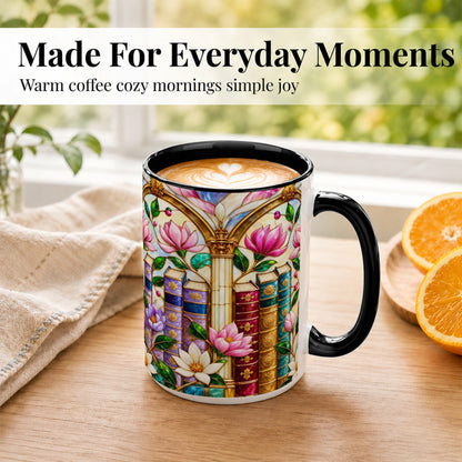 #pl[15oz|Black] Floral Library Coffee Mug, Stained Glass Book Mug, Ceramic Cup