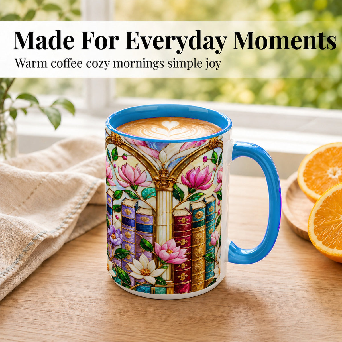 #pl[15oz|Blue] Floral Library Coffee Mug, Stained Glass Book Mug, Ceramic Cup