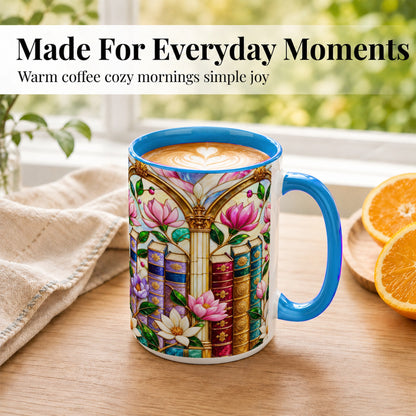 #pl[15oz|Blue] Floral Library Coffee Mug, Stained Glass Book Mug, Ceramic Cup