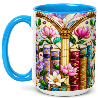 #pl[15oz|Blue] Floral Library Coffee Mug, Stained Glass Book Mug, Ceramic Cup