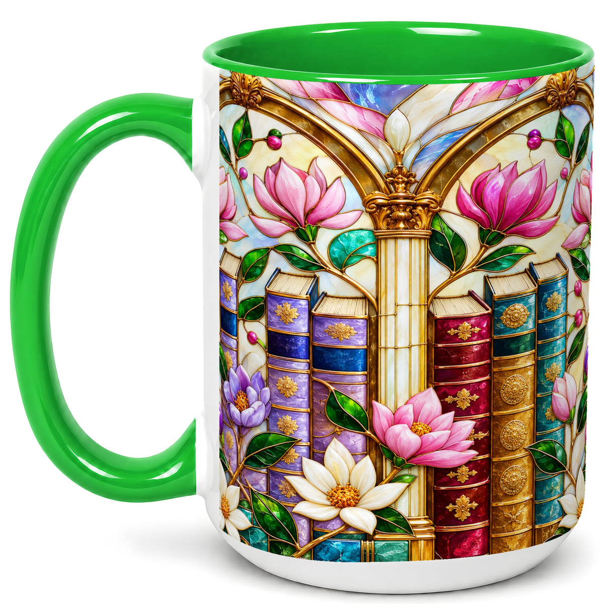 #pl[15oz|Green] Floral Library Coffee Mug, Stained Glass Book Mug, Ceramic Cup