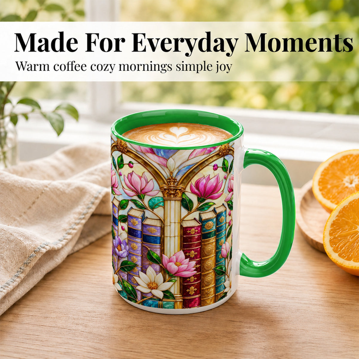 #pl[15oz|Green] Floral Library Coffee Mug, Stained Glass Book Mug, Ceramic Cup