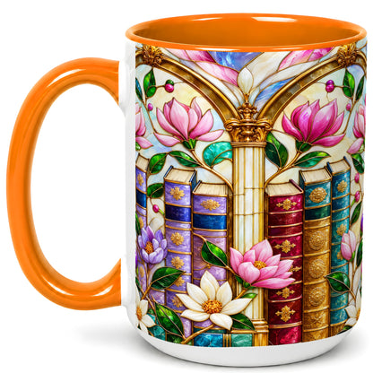 #pl[15oz|Orange] Floral Library Coffee Mug, Stained Glass Book Mug, Ceramic Cup