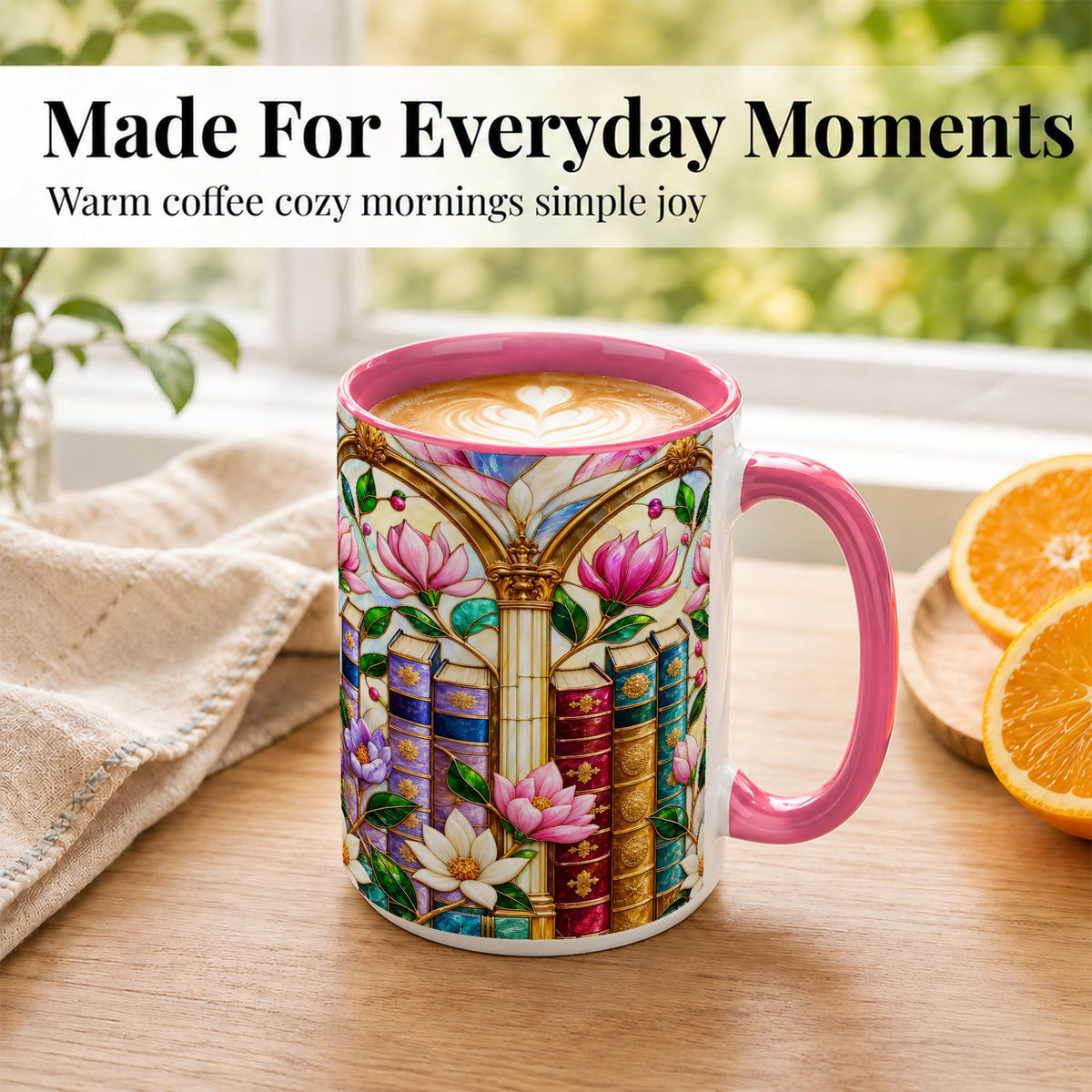 #pl[15oz|Pink] Floral Library Coffee Mug, Stained Glass Book Mug, Ceramic Cup