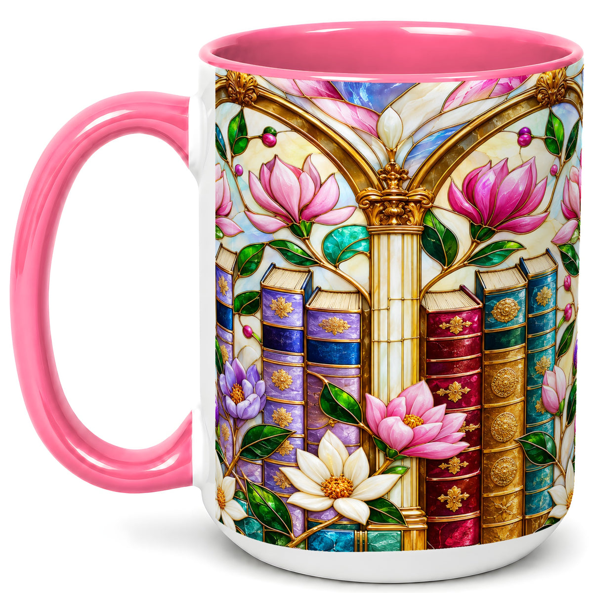 #pl[15oz|Pink] Floral Library Coffee Mug, Stained Glass Book Mug, Ceramic Cup